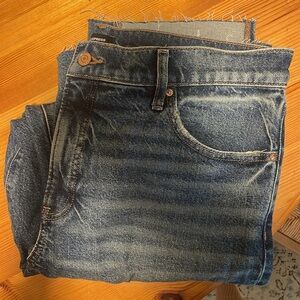 Express Blue Straight Ankle High Rise Jeans with Distressed Details Size 12L